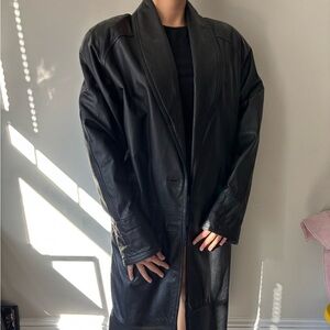 Y2k 90s Streetwear Grunge Black Goth Leather Trench Minimalist Preppy Coat Large